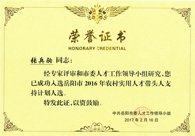 農(nóng)村實用人才帶頭人支持計劃人選榮譽證書
